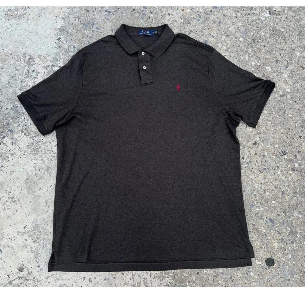 Polo Ralph Lauren Mens 2XL Polo Shirt Charcoal Grey Heather Burgundy Jersey